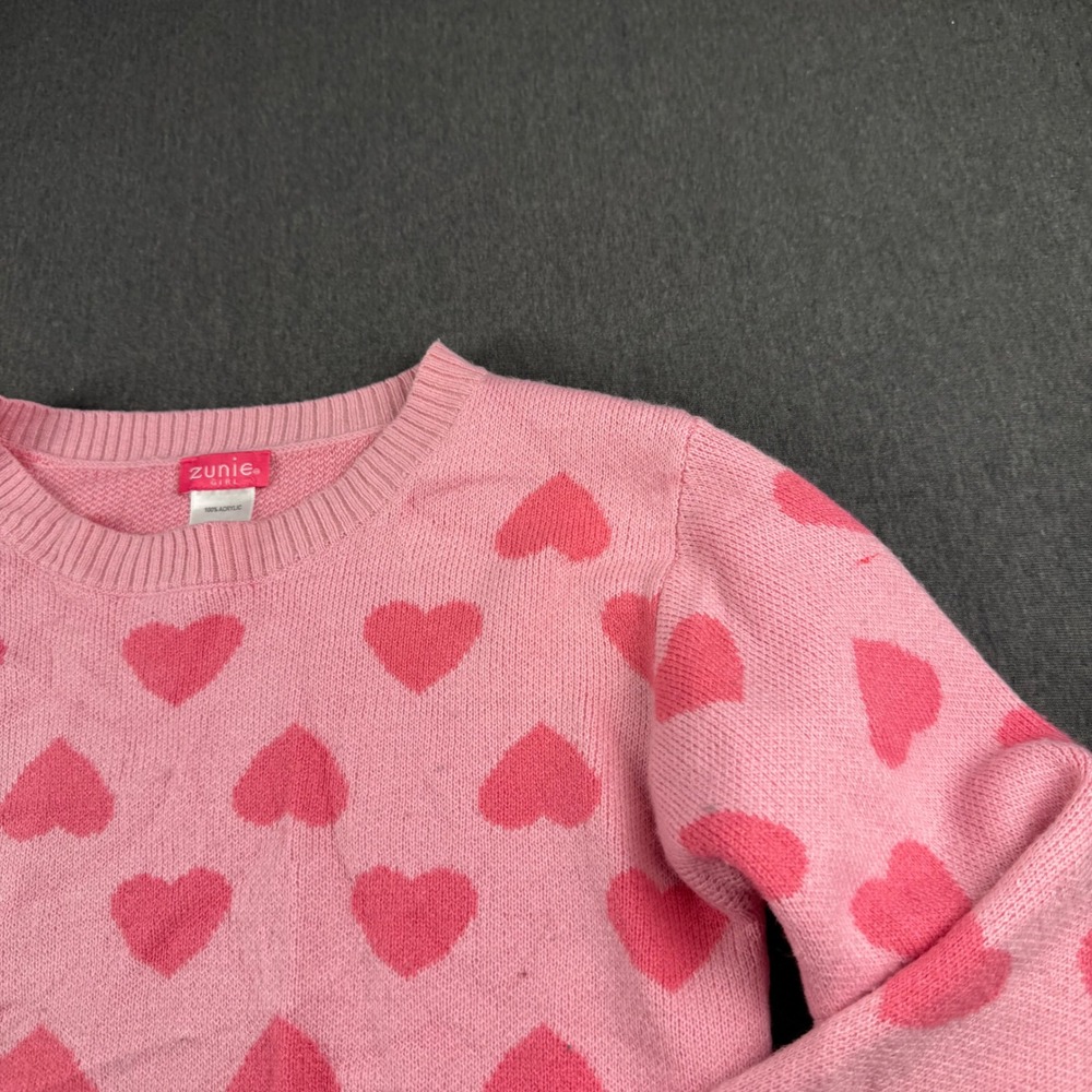 Zunie Girl Pink Heart Print Knit Sweater Kids Large 10/12 Long‎ Sleeve Pullover